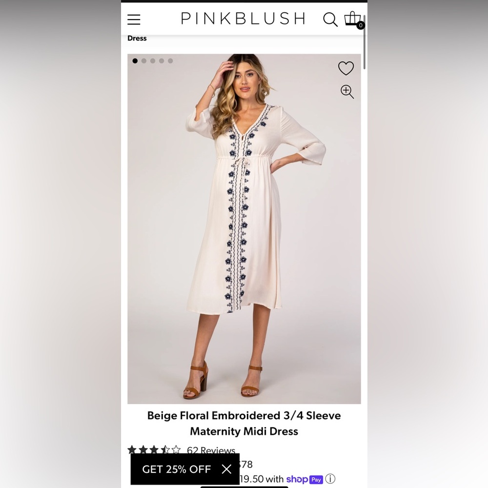 PinkBlush Beige Floral Embroidered 3/4 Sleeve Maternity Midi Dress